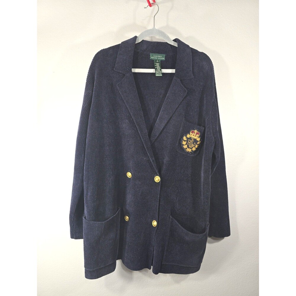 Vtg Navy Lauren Ralph Lauren Medium Crown Knit Blazer Double Breasted Cord BY